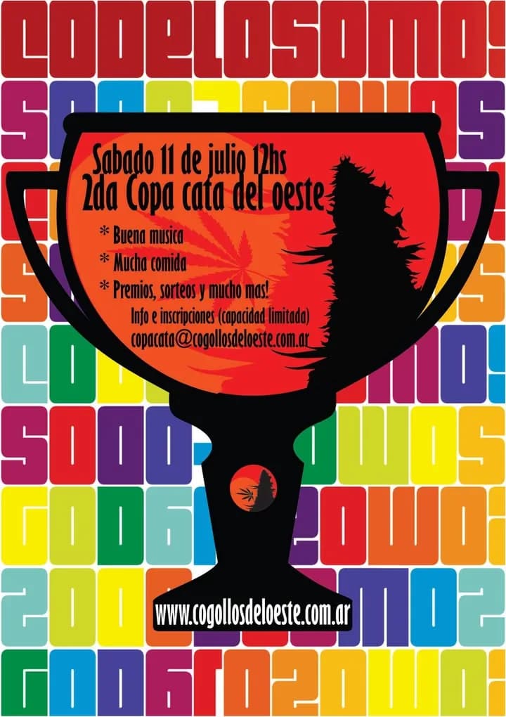 Flyer de la 2da Copa Cata del Oeste: una copa negra sobre un fondo de letras de colores, con la fecha, sábado 11 de julio a las 12.
