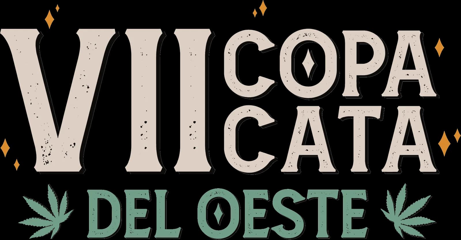 Logo de la VII Copa Cata del Oeste, con letras de estilo antiguo y dos hojas a los lados.