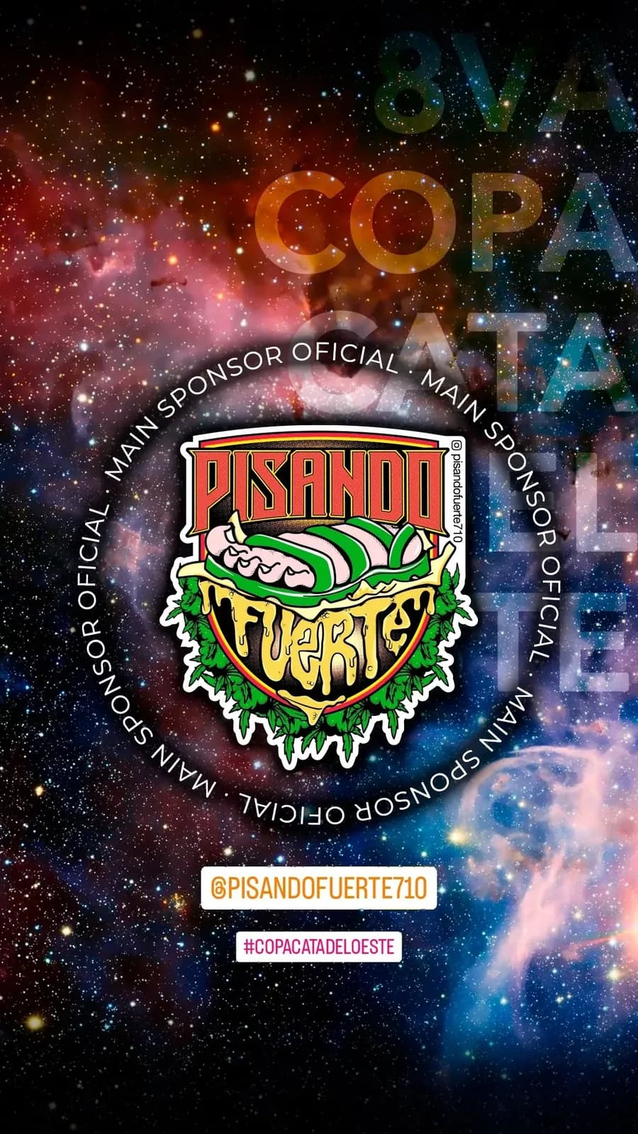 Placa de sponsor principal de la 8va Copa, con el logo ilustrado de una marca sobre fondo de galaxia.