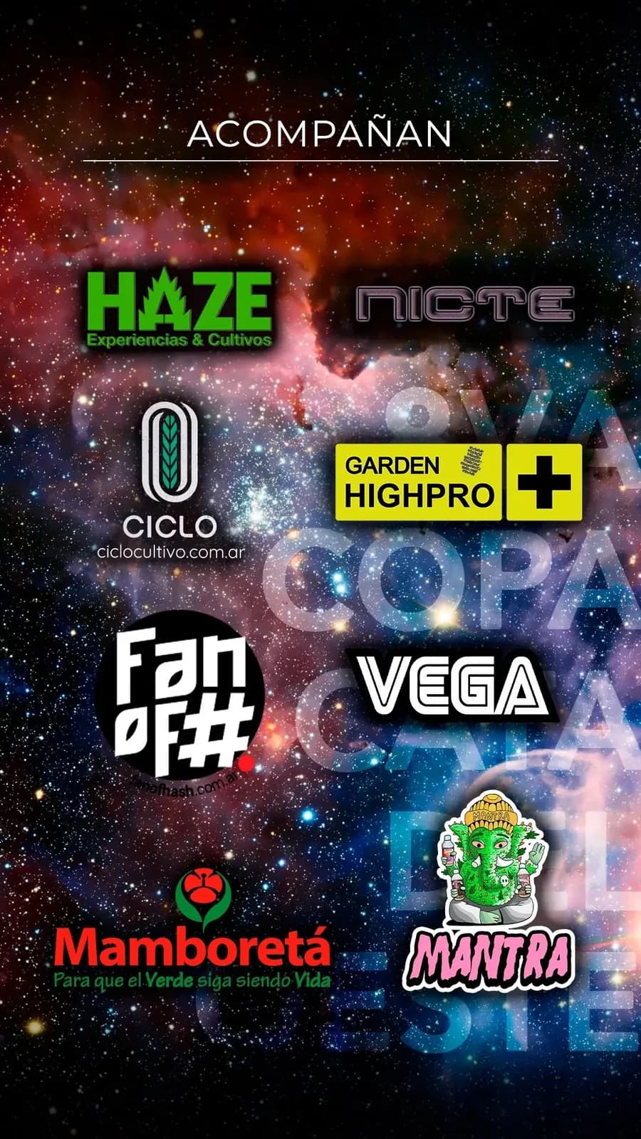 Placa de la 8va Copa con los logos de ocho marcas que la acompañaron, sobre fondo de galaxia.