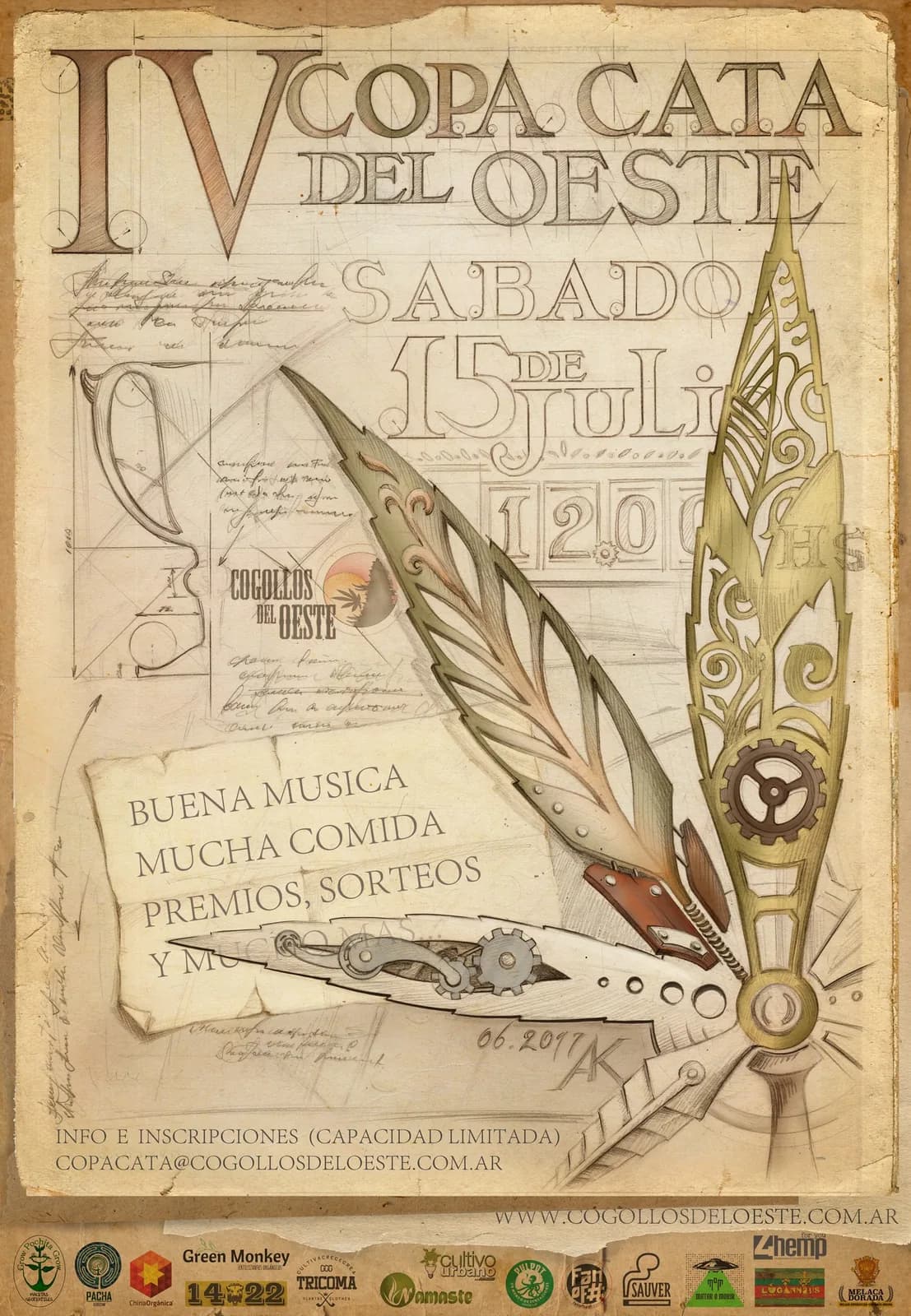 Afiche de la IV Copa Cata del Oeste dibujado como un boceto sobre papel envejecido: una copa a lápiz y dos plumas mecánicas. Sábado 15 de julio a las 12; abajo, la franja de logos de las marcas que acompañaron.