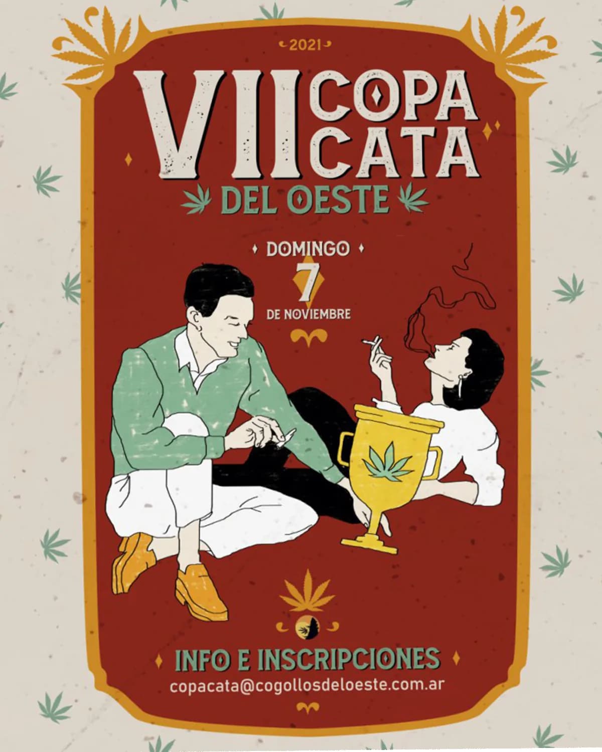 Flyer de la VII Copa Cata del Oeste: una pareja ilustrada junto a la copa sobre fondo rojo; ella fuma y él arma. Domingo 7 de noviembre.