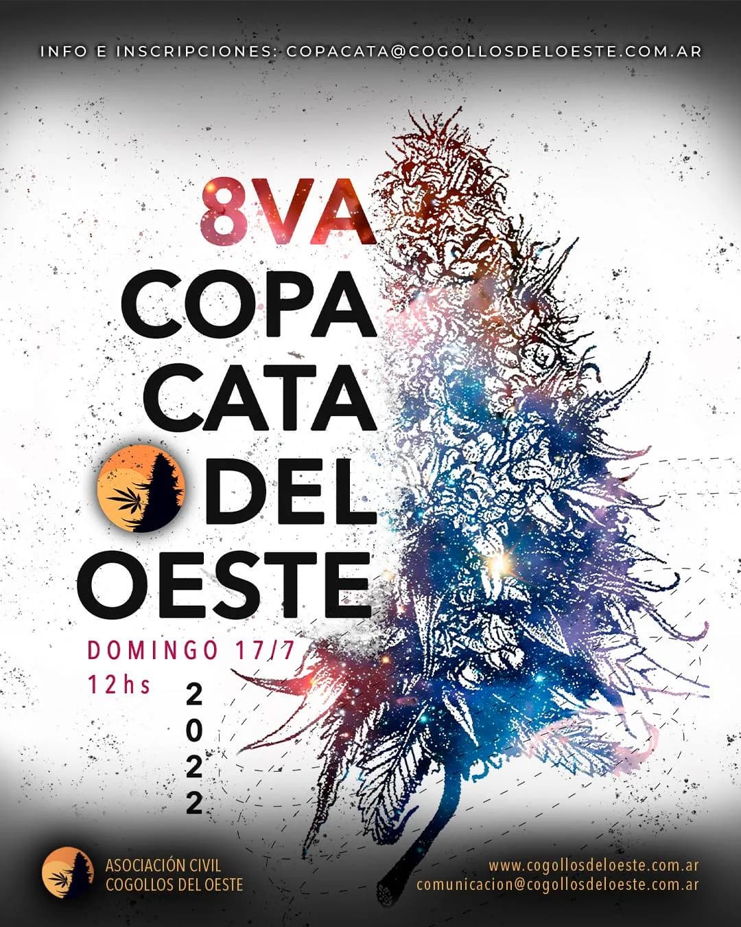 Flyer de la 8va Copa Cata del Oeste: una flor de cannabis dibujada con texturas de galaxia junto al nombre. Domingo 17/7 a las 12.