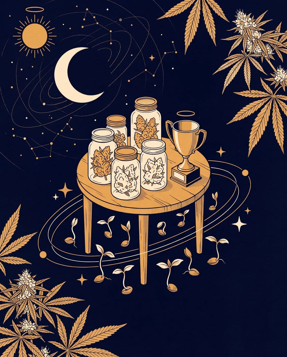 Ilustración: una mesa redonda con frascos de flores y una copa chica, brotes que nacen alrededor, una luna creciente, un sol y constelaciones.