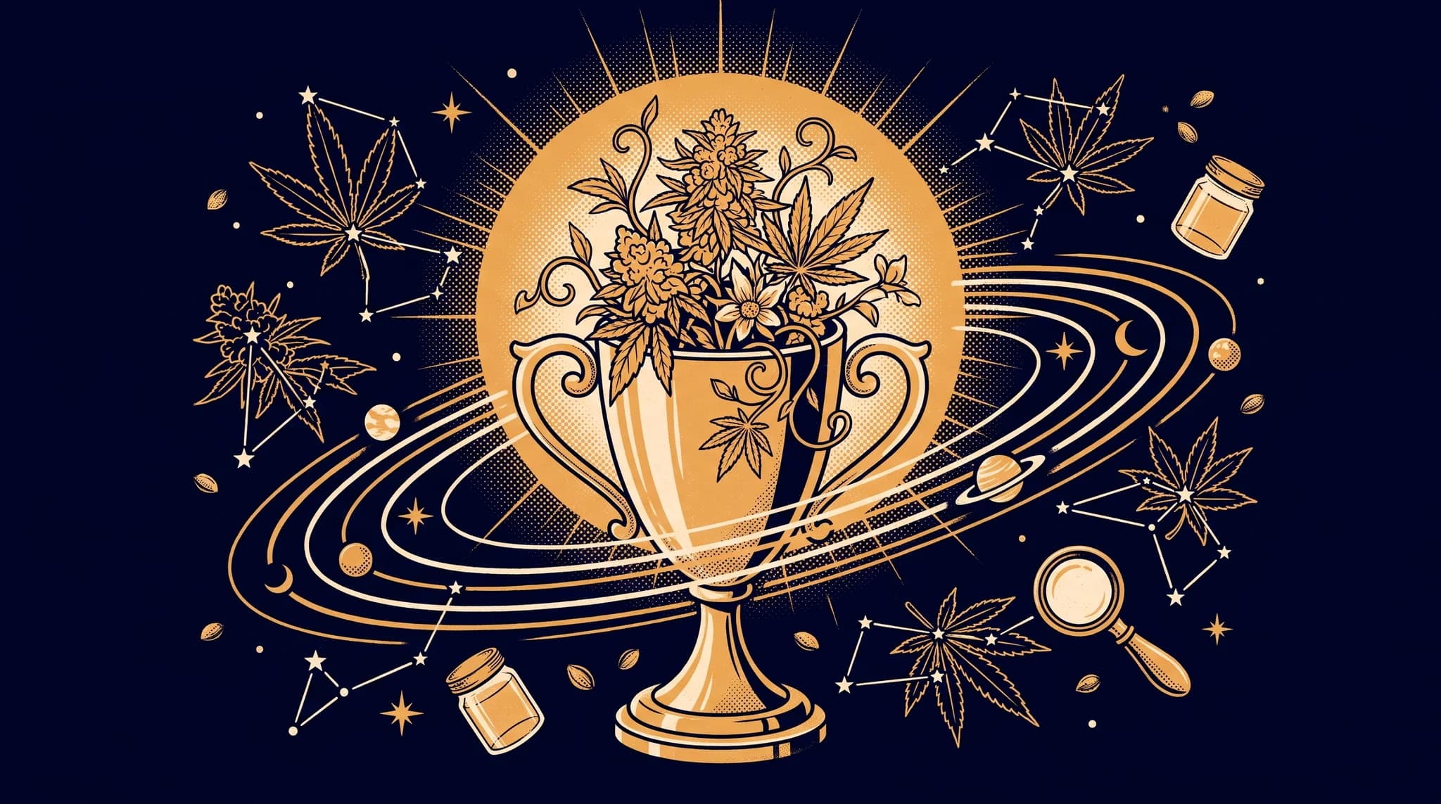 Ilustración en ámbar y papel sobre el cielo de noche: una copa desbordada de flores de cannabis, con un sol enorme detrás, órbitas con planetas, constelaciones que dibujan hojas, semillas, frascos y una lupa girando alrededor.