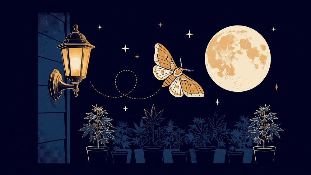 Ilustración a dos tintas: una polilla vuela entre un farol encendido y la luna llena, sobre unas plantas en maceta