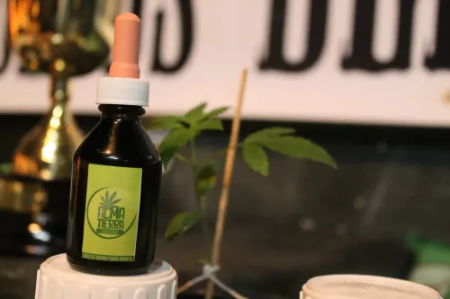 Frasco gotero de una marca de cultivo junto a un plantín y una copa dorada, Copa Cata del Oeste 2015