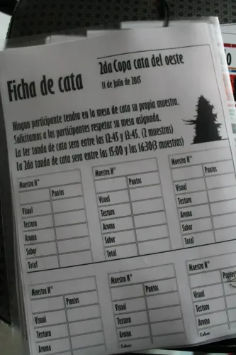 Ficha de cata en blanco con los horarios de las tandas y los rubros, Copa Cata del Oeste 2015