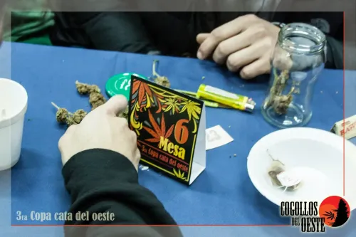 Cartel de la mesa 6 entre flores, un encendedor, un frasco y manos, Copa Cata del Oeste 2016