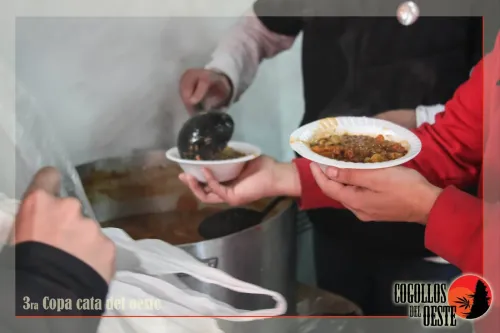 Manos sirviendo guiso de lentejas de una olla en platos descartables, Copa Cata del Oeste 2016