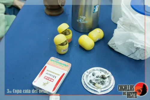 Cápsulas plásticas con flores, una lata de tabaco y un cenicero con colillas, Copa Cata del Oeste 2016