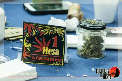 Cartel de la mesa 1 junto a un frasco con flores, papelillos y servilletas, Copa Cata del Oeste 2016