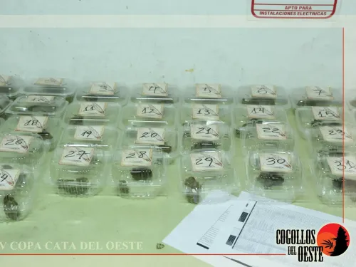 Potes de muestras numerados en filas sobre una mesa, con una planilla impresa, Copa Cata del Oeste 2017