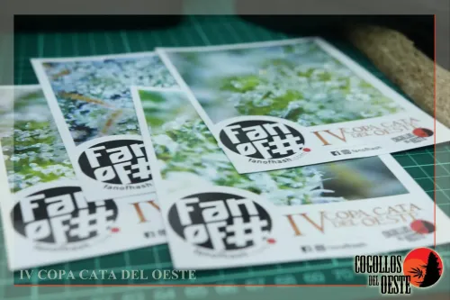 Tarjetas con fotos macro de flores y los logos de la Copa y una marca, Copa Cata del Oeste 2017