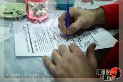 Manos completando a lápiz una ficha de cata, junto a un plato con una colilla, Copa Cata del Oeste 2017