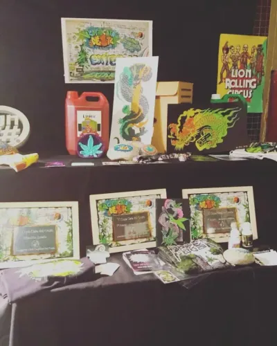 Mesa de premios con diplomas enmarcados, ilustraciones, piedras pintadas y productos de marcas, Copa Cata del Oeste 2018