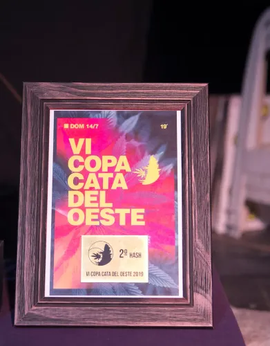 Diploma enmarcado del segundo puesto en hash sobre una mesa oscura, Copa Cata del Oeste 2019