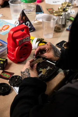 Manos tatuadas arman un porro sobre una bandeja junto a un parlante rojo, Copa Cata del Oeste 2022